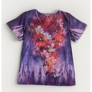 Essentials Plus Size 2X Purple Floral V-Neck Top Glitter Rhinestone Fairycore